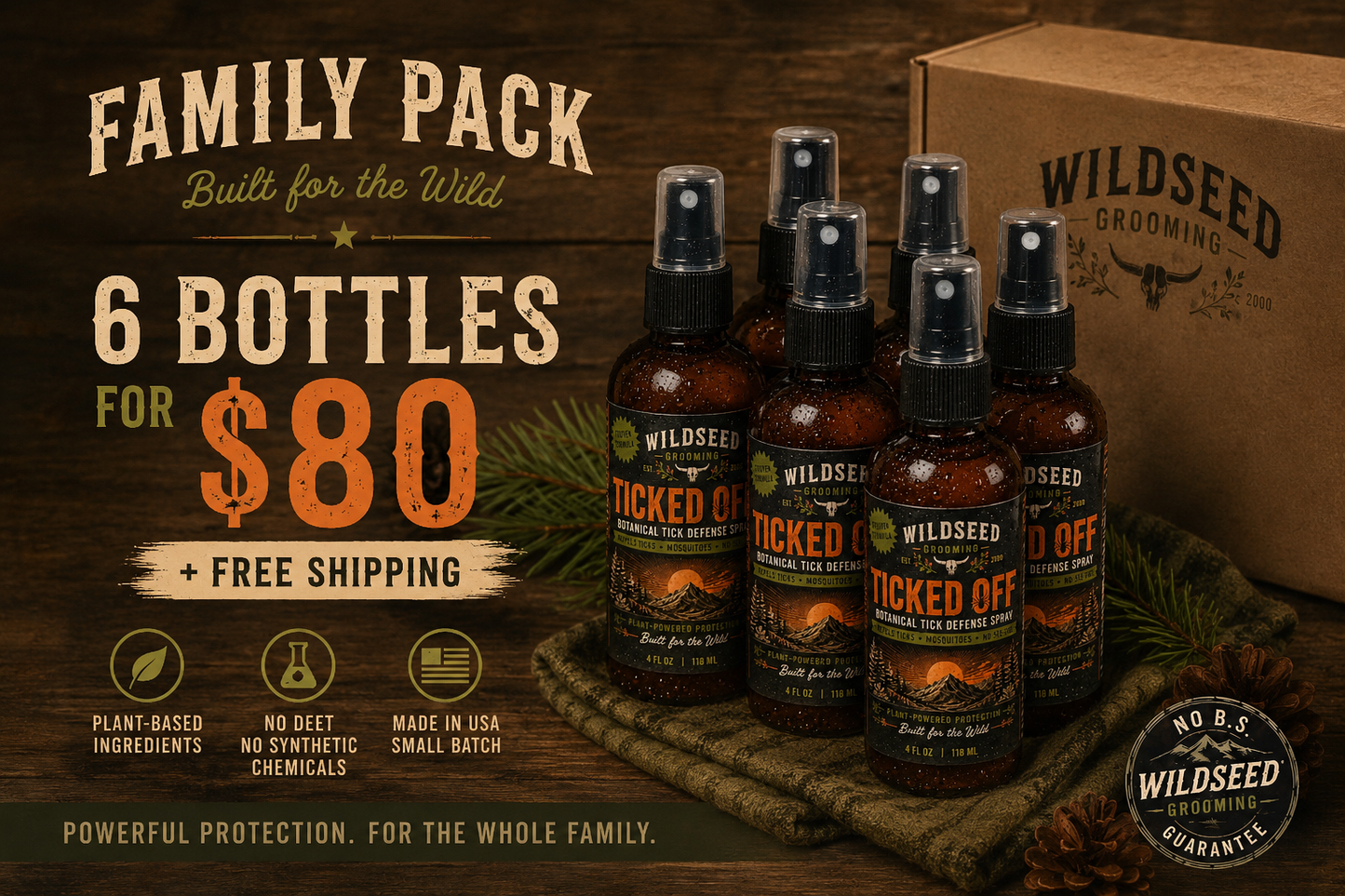 Natural Tick Repellent Spray – DEET-Free, Botanical Formula. Family 6 Pack